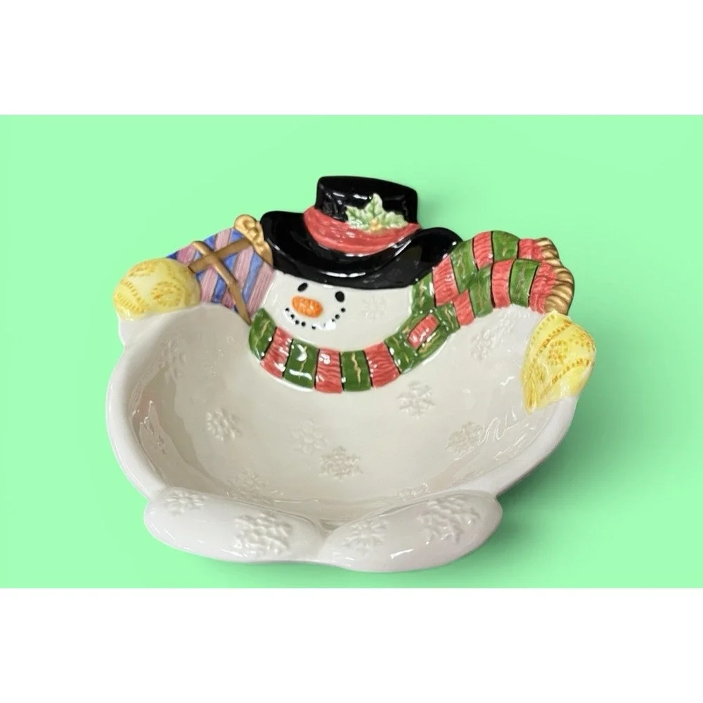 Fitz & Floyd Frosty Folks Snowman Candy Bowl Dish Winter Holiday Christmas Decor